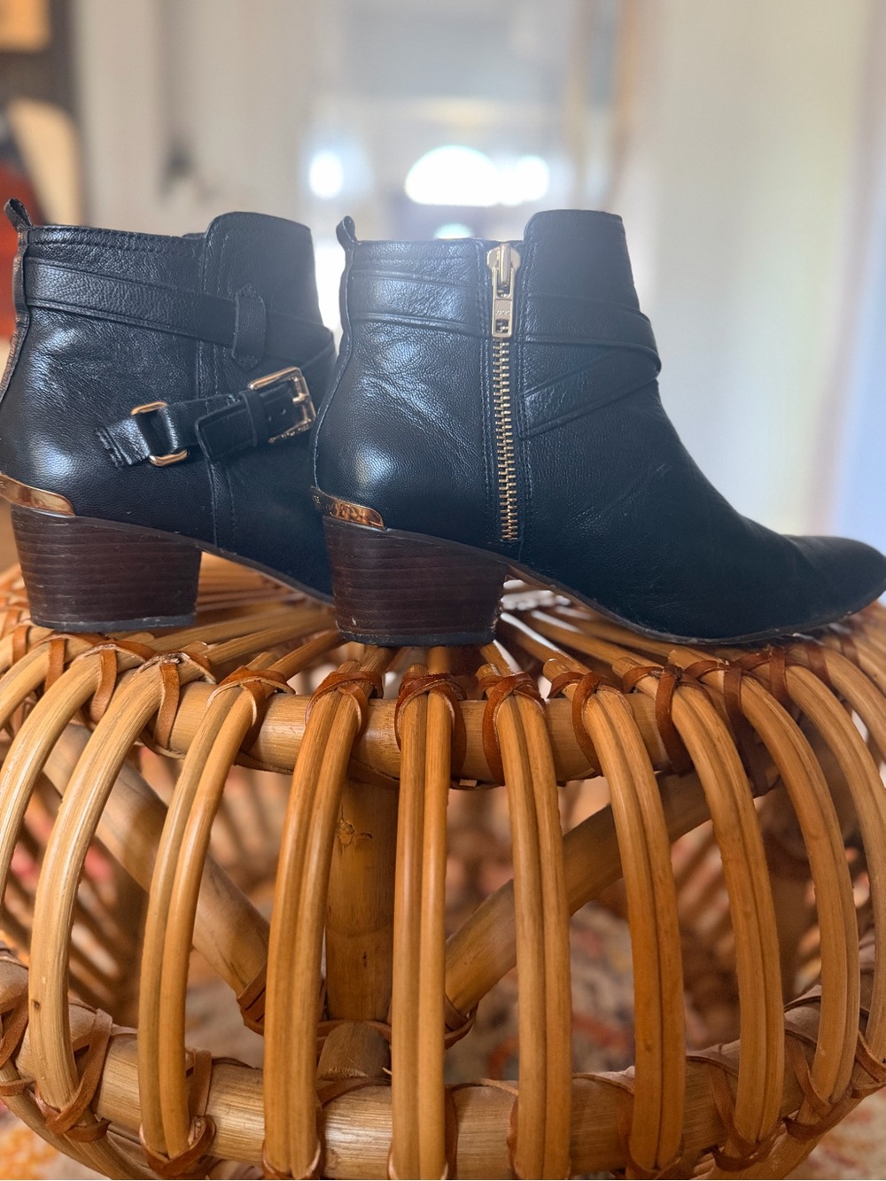 Coach Pauline Black Leather Ankle Boots with Gold Side Zip and Buckle